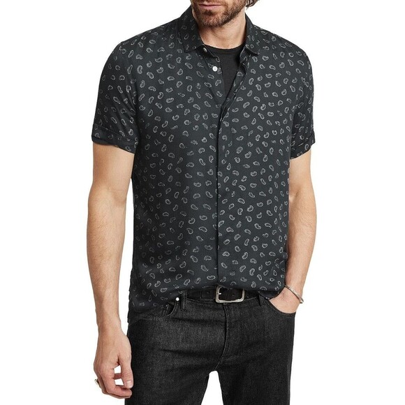 JOHN VARVATOS Shirt Mens Medium Gray Button Up Paisley Short Sleeve LOREN $198 - Picture 1 of 8